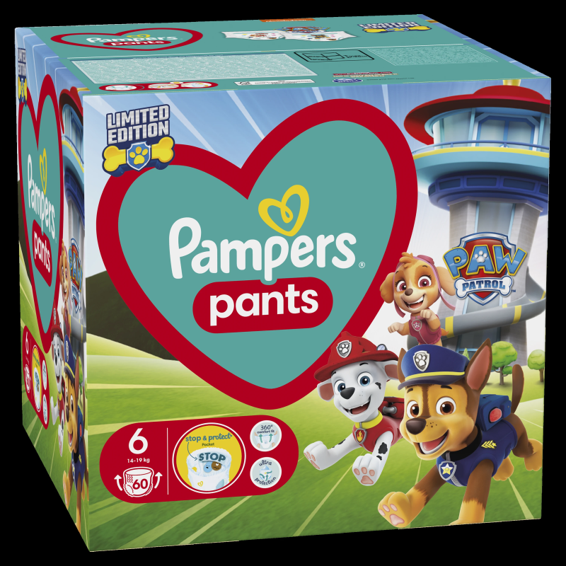 Pampers Pants Paw Patrol Autiņbiksītes, Izmērs 6, 60 Autiņbiksītes, 14-19 kg