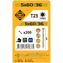Koka skrūve t25 5.0x60-36 dzel zn 200gb