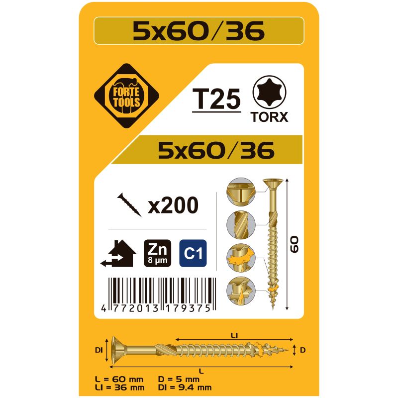 Koka skrūve t25 5.0x60-36 dzel zn 200gb