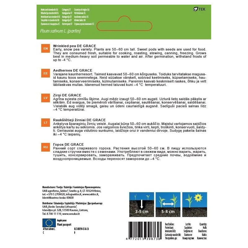 Sēklas Garden Center, zirņi DE GRACE, 10 g