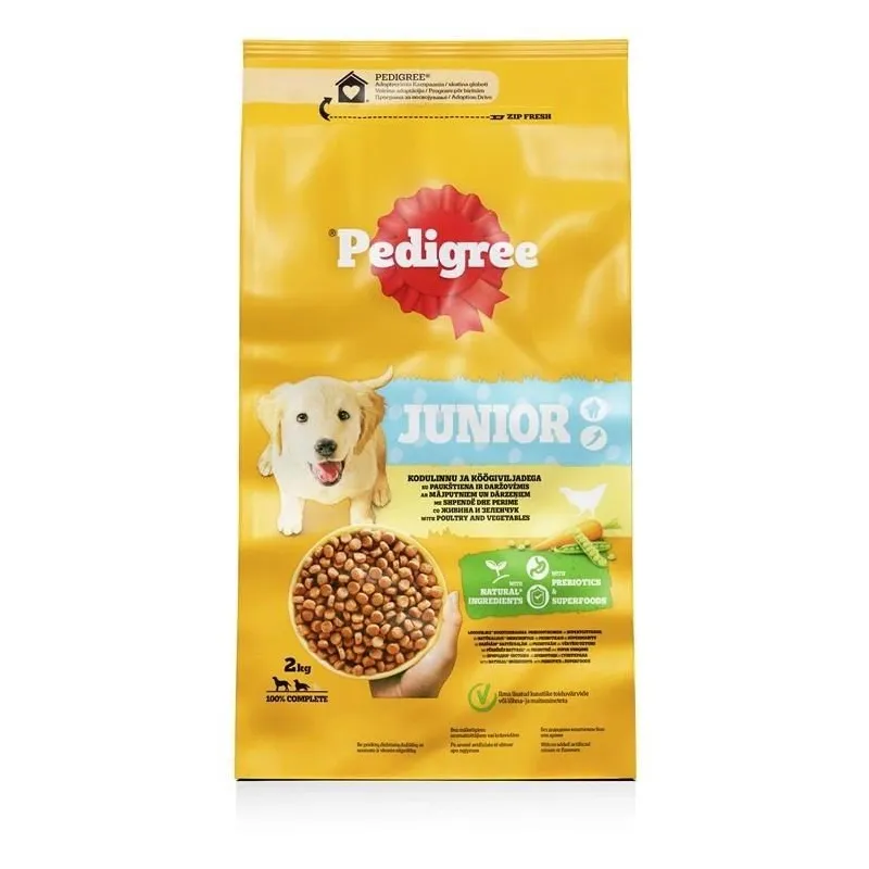 Sausā suņu barība Pedigree Junior, dārzeņi-mājputnu gaļa, 2 kg