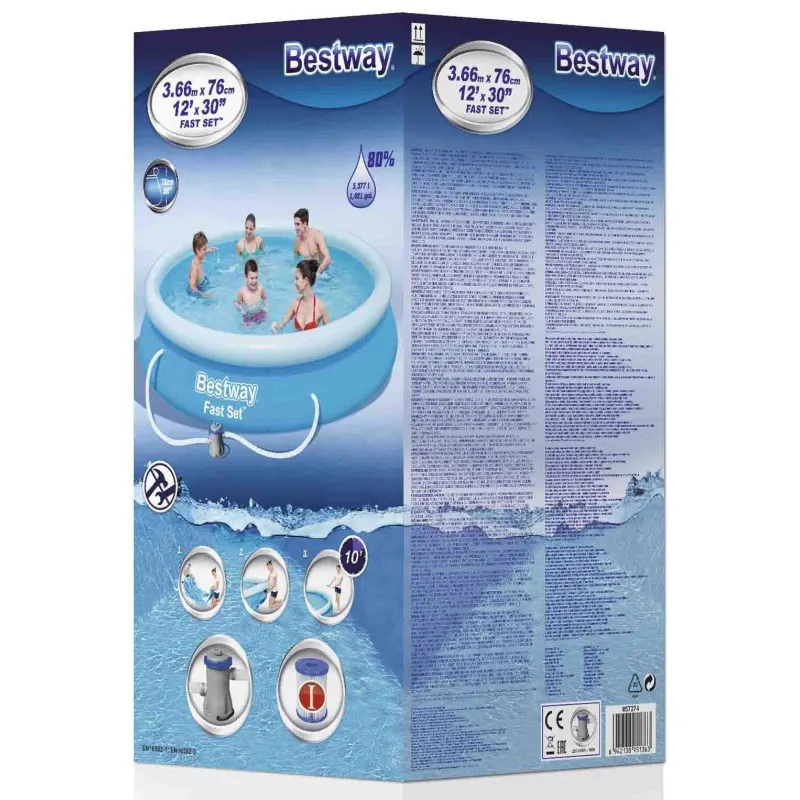 Baseins, piepūšams Bestway Fast Set 57274 with water filtration pump, zila krās., 366 x 76 cm