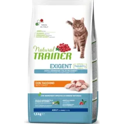 NATURAL TRAINER CAT EXIGENT ADULT WITH WHITE MEAT 1.5 kg- pilnvertīga sabalansēta sausā barība ar tītaru izvēlīgiem pieaugušiem