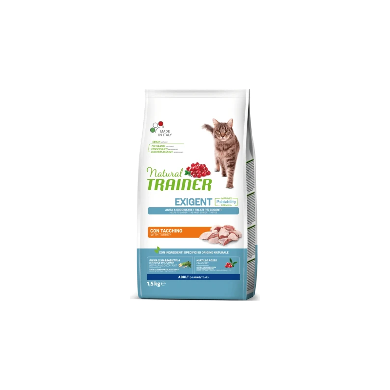 NATURAL TRAINER CAT EXIGENT ADULT WITH WHITE MEAT 1.5 kg- pilnvertīga sabalansēta sausā barība ar tītaru izvēlīgiem pieaugušiem