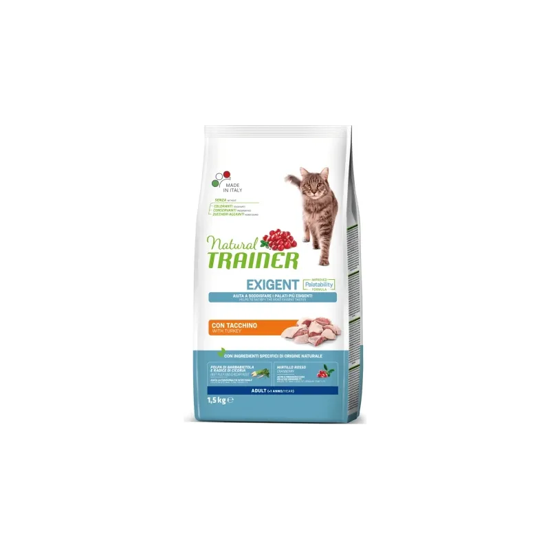 NATURAL TRAINER CAT EXIGENT ADULT WITH WHITE MEAT 1.5 kg- pilnvertīga sabalansēta sausā barība ar tītaru izvēlīgiem pieaugušiem