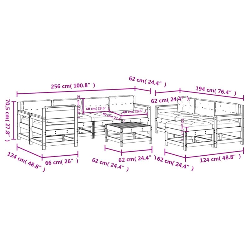 vidaXL 10-daļīgs dārza atpūtas mēbeļu komplekts ar matračiem, egle