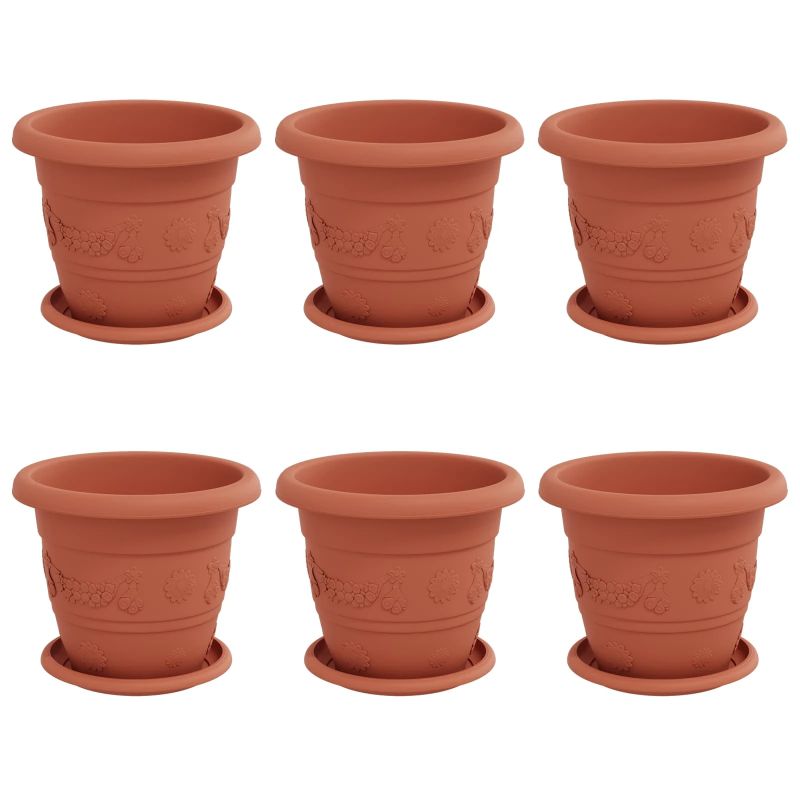 vidaXL Augu podi 6 pcs Ķieģeļu sarkans DIA 26 x 21.5 cm Plastmasa