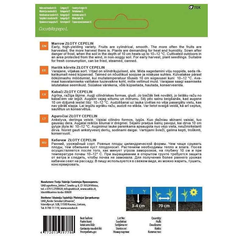 Sēklas Garden Center, kabacis ZLOTY CEPELIN, 2 g