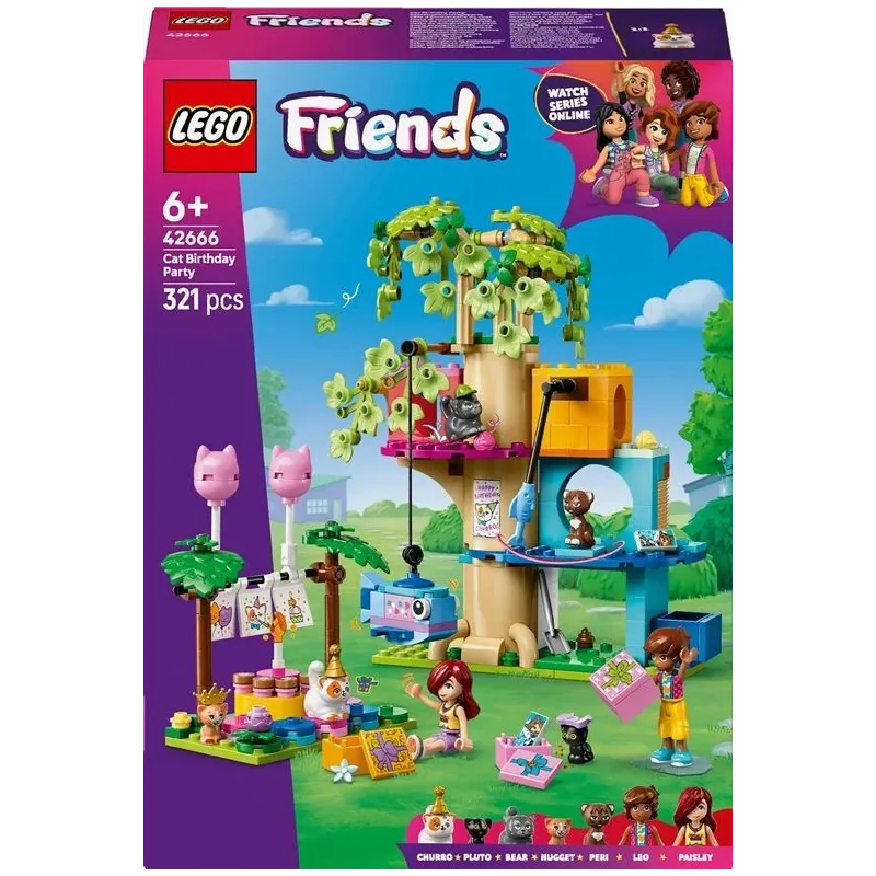 Konstruktors LEGO Friends Kaķu dzimšanas dienas ballīte un mājiņa kokā 42666, 321 gab.