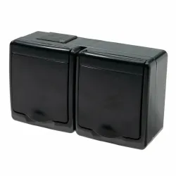 Rozete virsapmetuma 2-vietīga ar zemējumu, melna, IP44, UV i