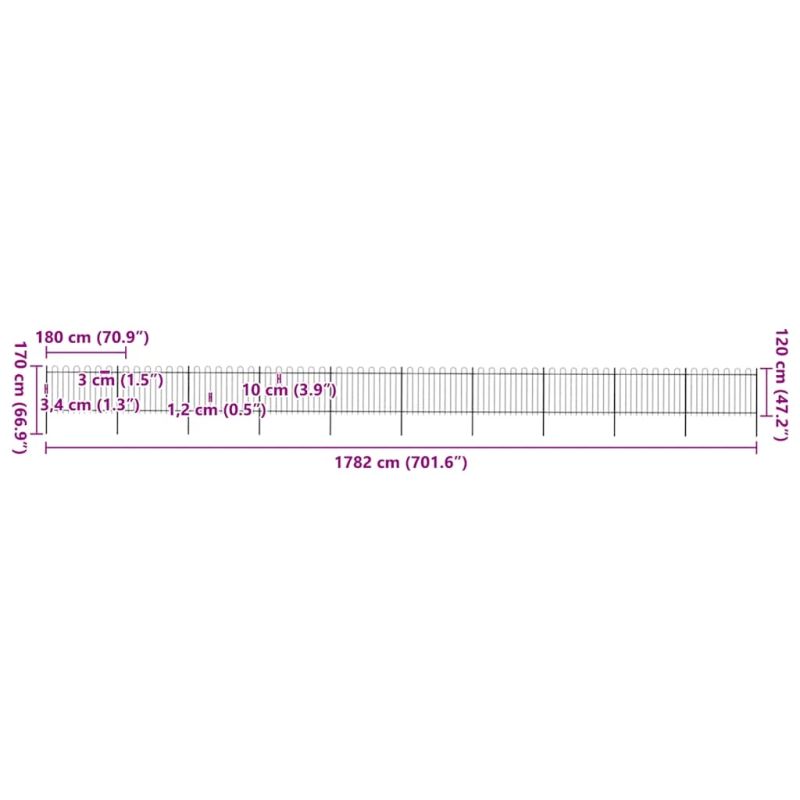 vidaXL dārza žogs ar stīpām augšpusē, tērauds, 1781,5x120 cm, melns
