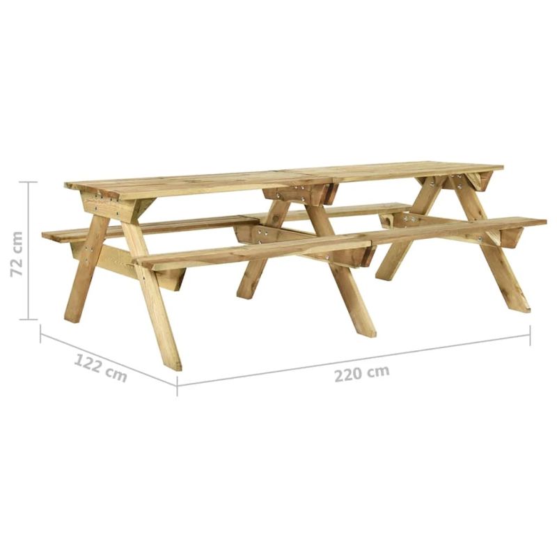 vidaXL piknika galds ar soliem, 220x122x72 cm, impregnēts priedes koks