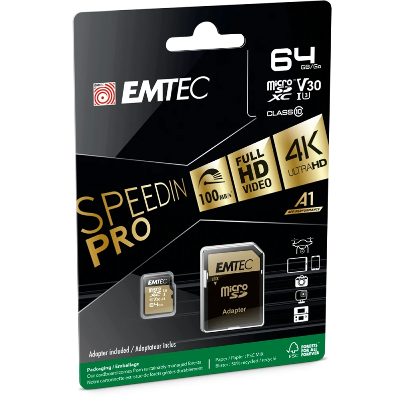 Emtec MicroSDXC 64GB UHS-I U3 V30 A1 SpeedIN Pro