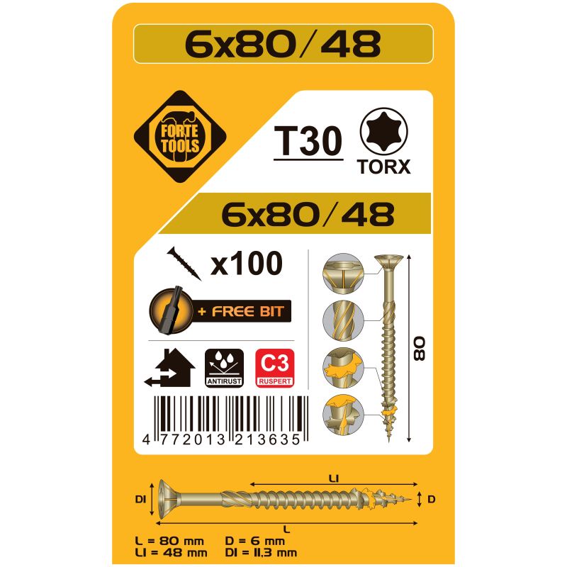 Kokskrūves 6x80-48mmruspert tx30 100gab.