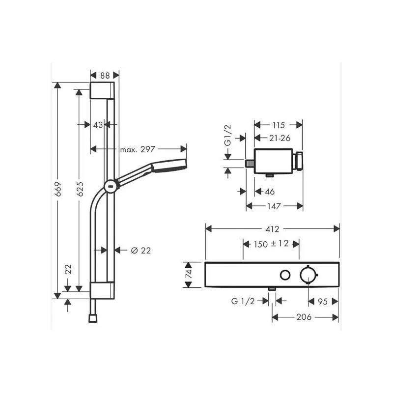 Dušas sistēma ar termostata jaucējkrānu Hansgrohe Pulsify Select 150, hroma krās.
