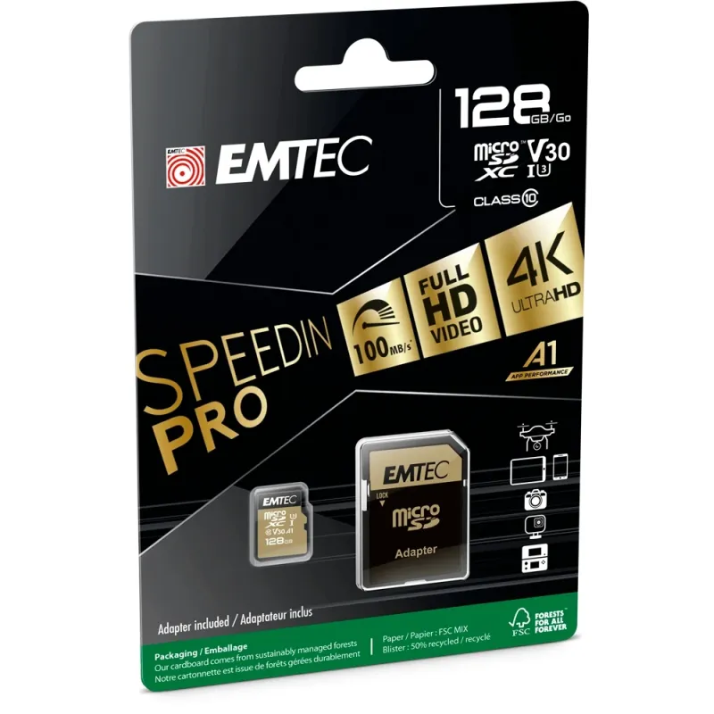 Emtec MicroSDHC 128GB UHS-I U3 V30 SpeedIN Pro