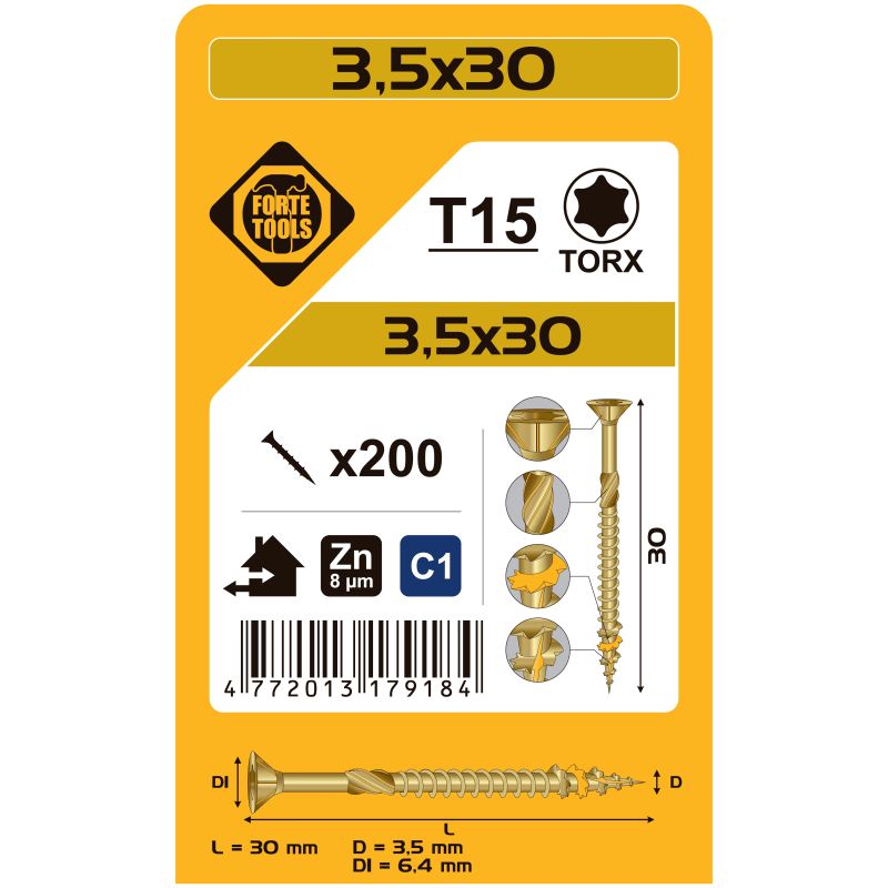 Koka skrūve t15 3.5x30 dzel zn 200gb