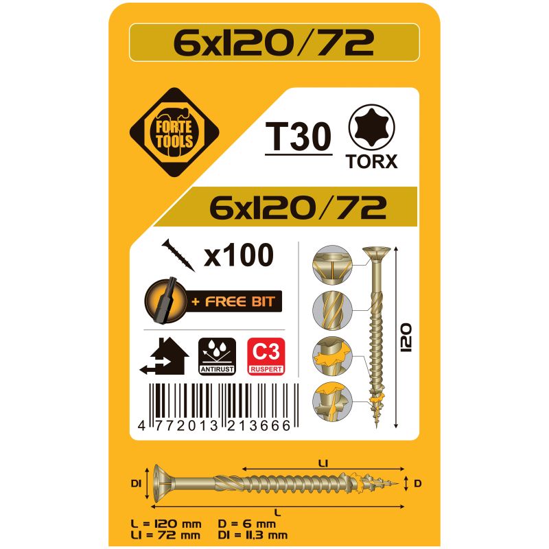 Kokskrūves 6x120-72mmrusperttx30 100gab.