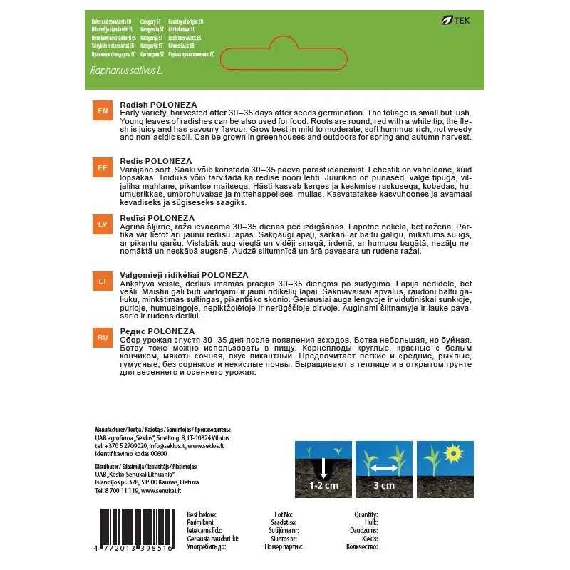 Sēklas Garden Center, redīsi POLONEZA, 3 g