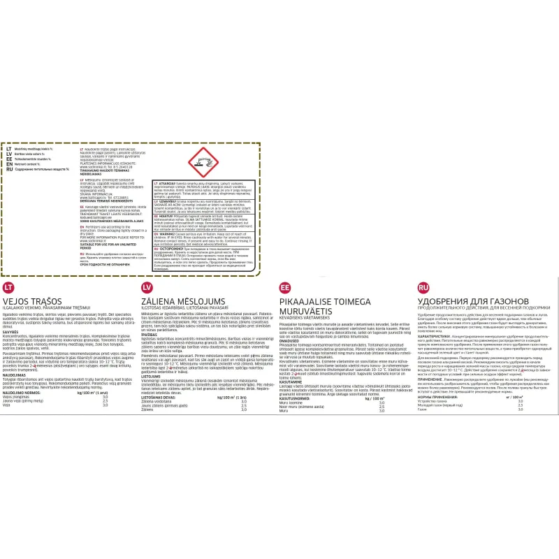 Mēslojums zālienam Baltic Agro Lawn fertilizers, lielam apjomam, 15 kg