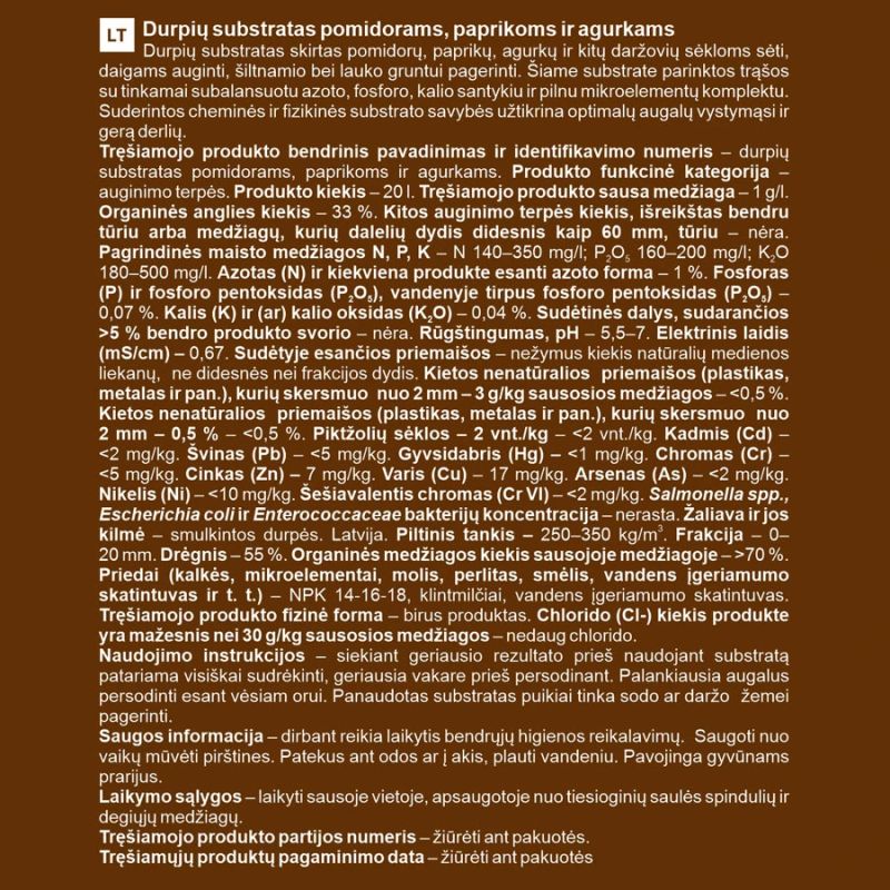 Substrāts tomātiem paprikai gurķiem 20l