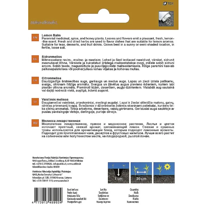 Sēklas Garden Center ārstniecības melisas, 0.4 g