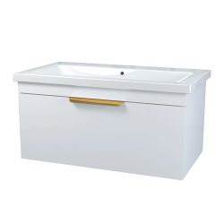 Vannas istabas skapis Katalonija 100 ar izlietni Como 100 balts ar zelta rokturiem