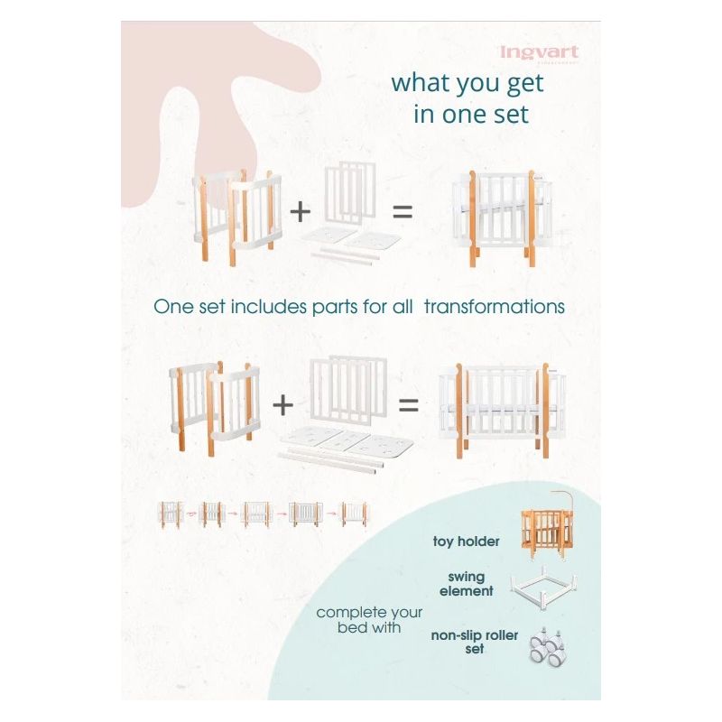 Bērnu Gultiņa-Transformers Ingvart Nika 5-in-1, 60x120cm, Balta-Pelēka Krāsa