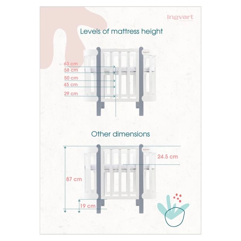 Bērnu Gultiņa-Transformers Ingvart Nika 5-in-1, 60x120cm, Balta-Pelēka Krāsa