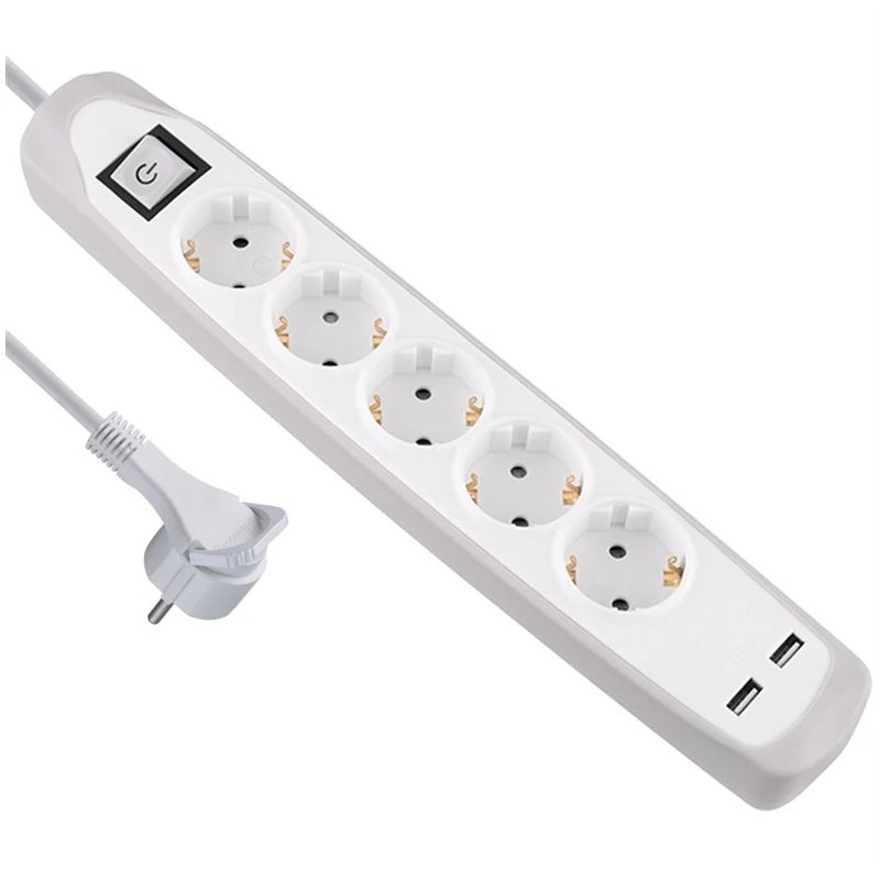 Pagarinātājs 5p+2usb 2m balta-peleka
