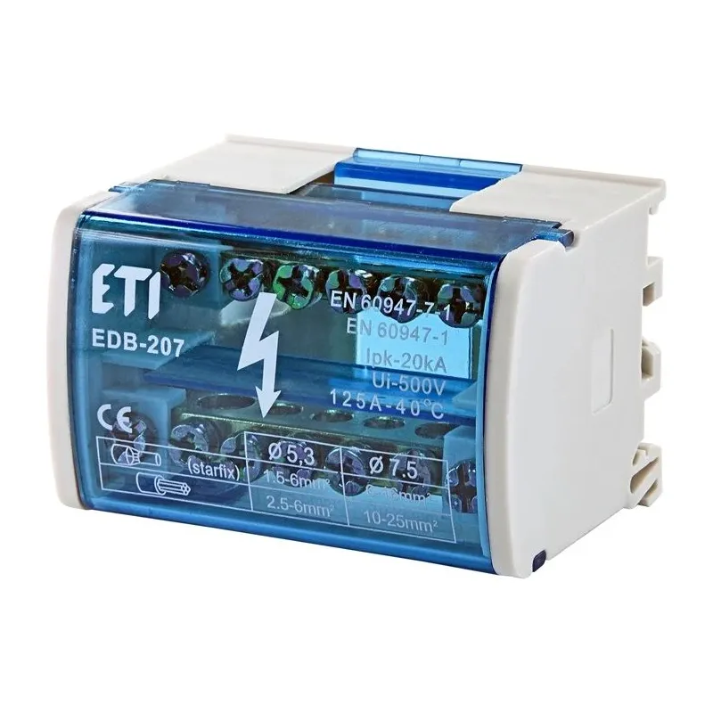 Savienojuma spaile ETI EDB-207, 5 x 1,5-6 mm², 2 x 6-16 mm², 125 A, zila krās.