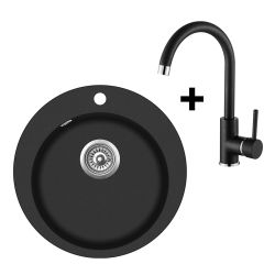 Granīta izlietne 505x505 BLACK + Virtuves maisītājs 5523 Black Metalic