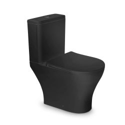 Tualetes pods VENTO Harstad Rimless matēts melns ar Duroplast Soft Close poda vāku, horizontāls izvads 3-6l, ūdens padeve no