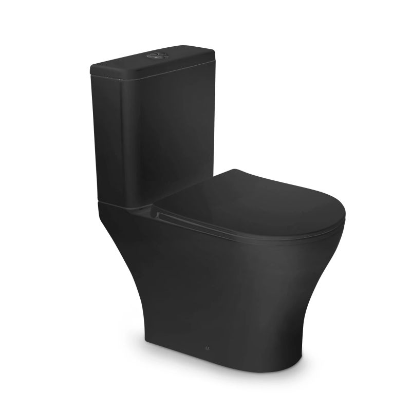 Tualetes pods VENTO Harstad Rimless matēts melns ar Duroplast Soft Close poda vāku, horizontāls izvads 3-6l, ūdens padeve no