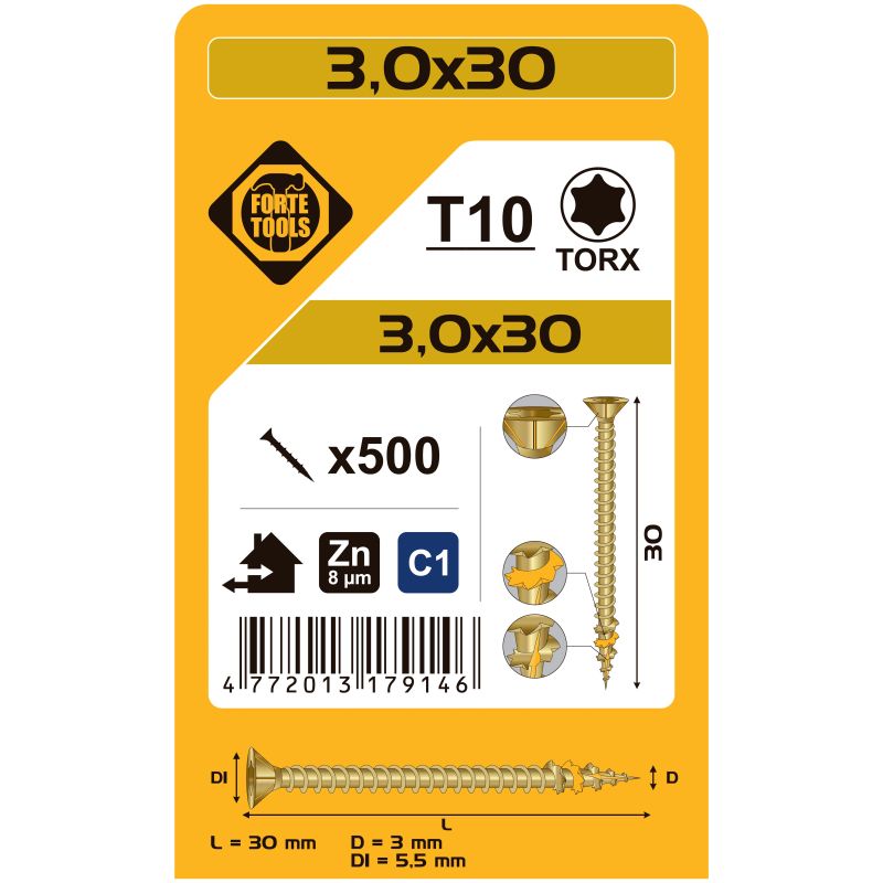 Koka skrūve t10 3.0x30 dzel zn 500gb