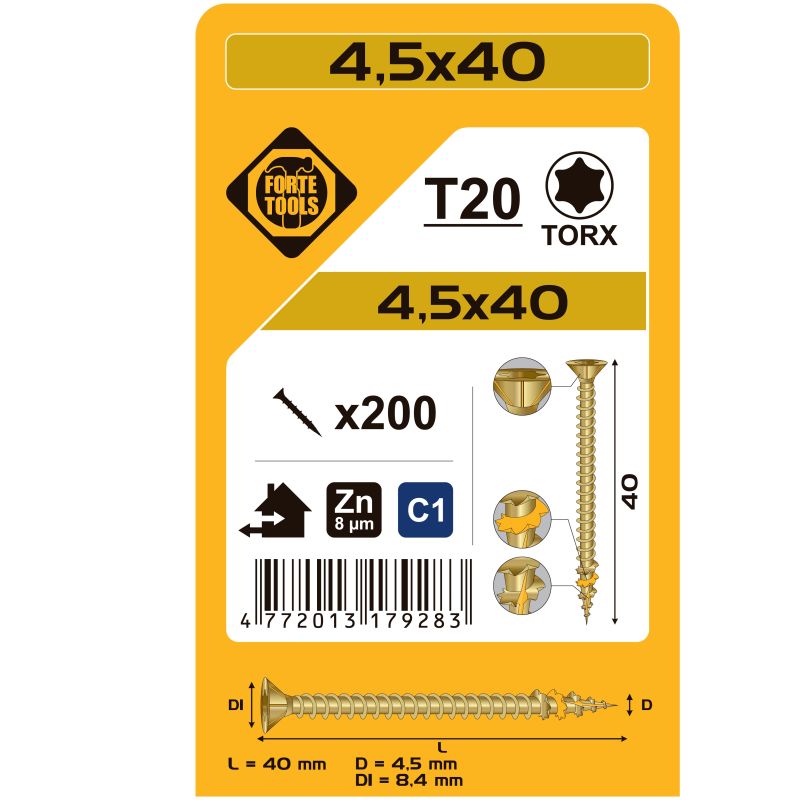 Koka skrūve t20 4.5x40 dzel zn 200gb