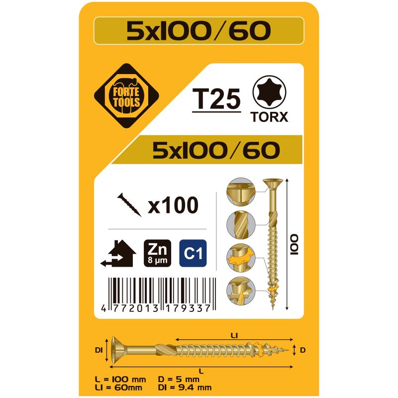 Koka skrūve t25 5.0x100-60 dzel zn 100gb