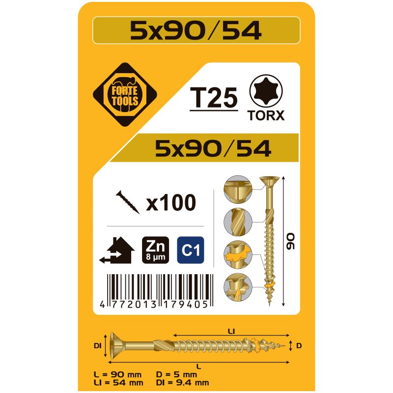 Koka skrūve t25 5.0x90-54 dzel zn 100gb