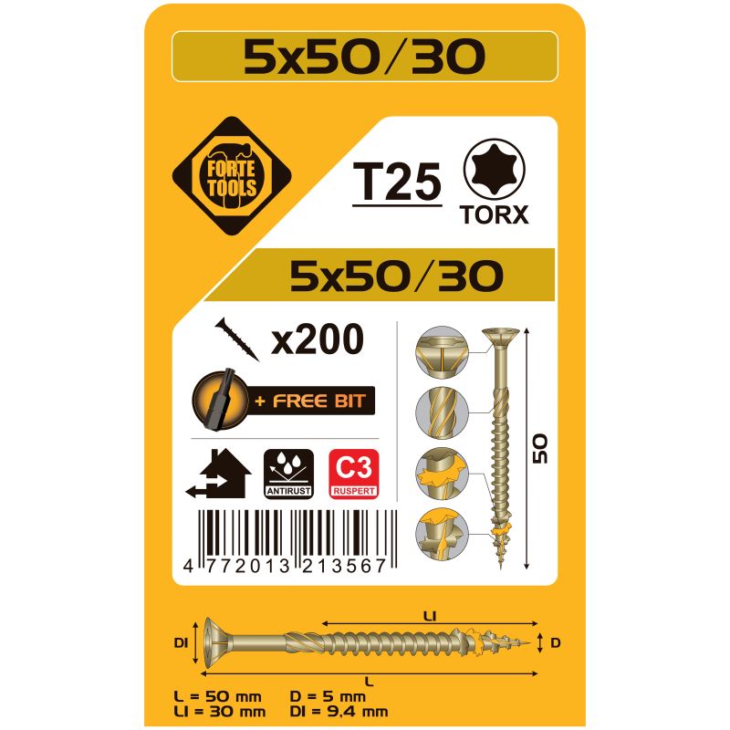 Kokskrūves 5x50-30mm rusperttx25 200gab.