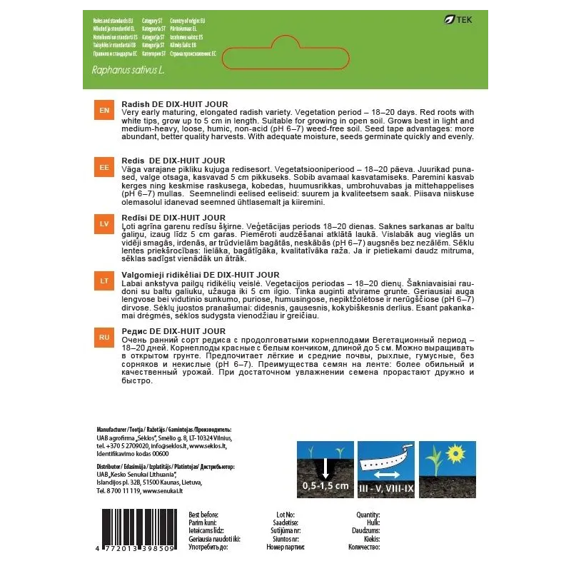 Sēklas Garden Center, redīsi DE DIX-HUIT JOUR, 10 g, 4 m
