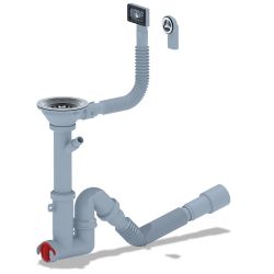 Virtuves izlietnes sifons 3 1-2' 40 mm ar vertikālo pārplūdi, ar veļas mašīnas izvadu un gofrēto cauruli 40-50 mm.