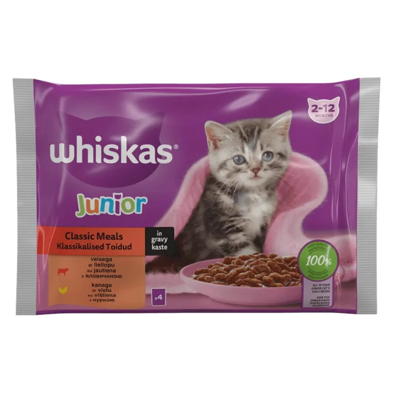 Šlapias kačių maistas Whiskas Beef,chicken, jautiena-vištiena, 0.085 kg x 4 vnt.