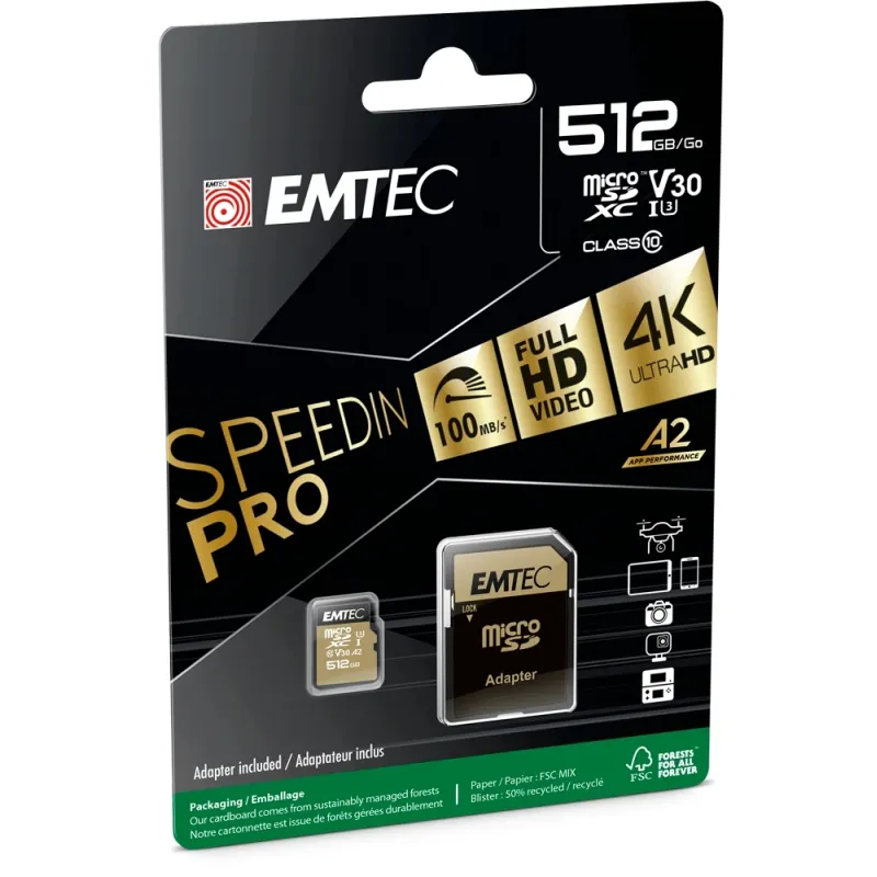 Emtec MicroSDHC 512GB UHS-I U3 V30 SpeedIN Pro