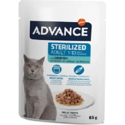 Advance Cat Sterilized Codfish 85gr - pilnvērtīga un sabalansēta mitrā barība, kas īpaši izstrādāta, lai apmierinātu sterilizētu