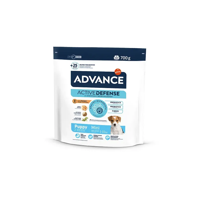 ADVANCE MINI PUPPY PROTECT 700g - pilnvērtīga un sabalansēta sausā barība mazo šķirņu kucēniem, vecumā no 2 mēnešiem līdz 10