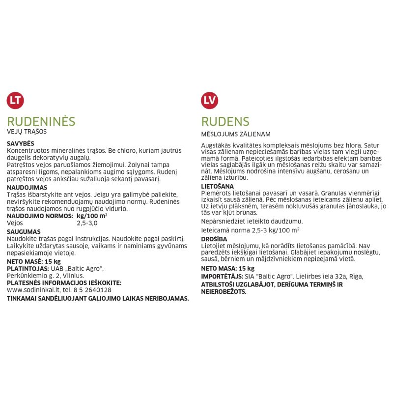 Mēslojums zālienam Baltic Agro, granulēts, 15 kg