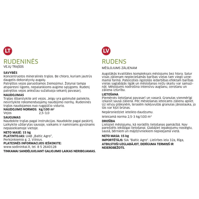 Mēslojums zālienam Baltic Agro, granulēts, 15 kg