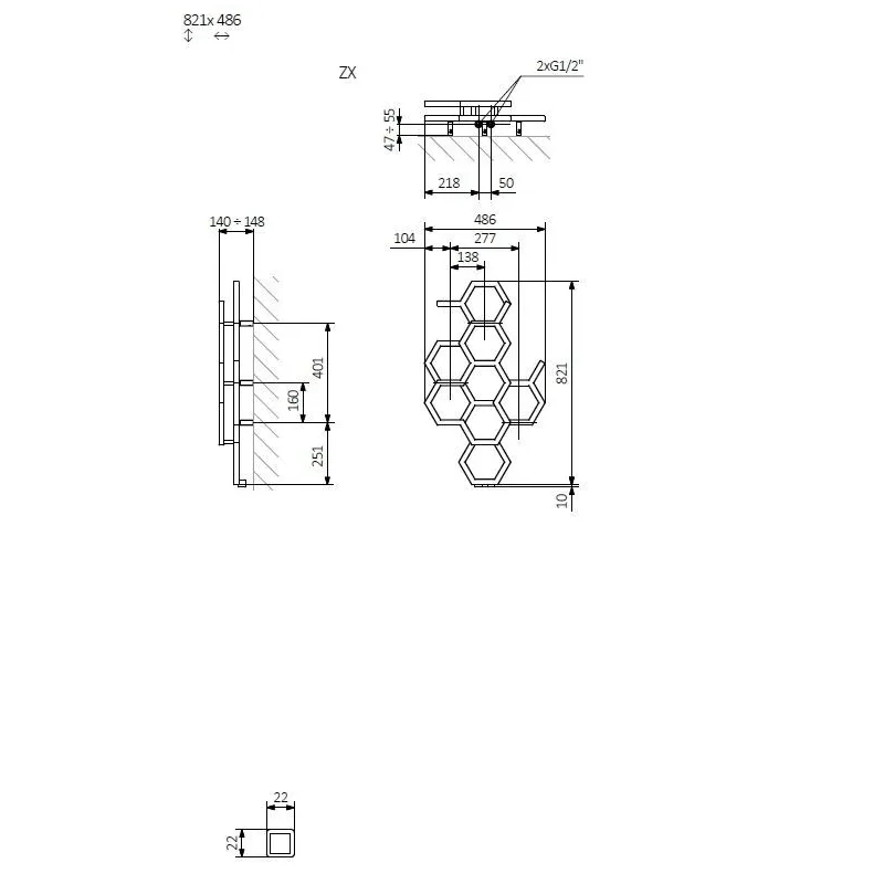 Ar ūdeni apsildāms dvieļu žāvētāja stienis Terma Hex, heban krās., 48.6 cm x 122 cm, 346 W