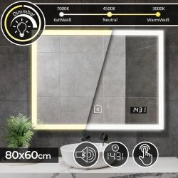 Aquamarin vannasistabas spogulis ar LED apgaismojumu 80 × 60 cm ,touch slēdzis, digitālais pulkstenis, Bluetooth skaļrunis,