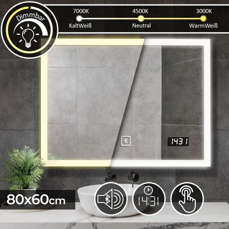 Aquamarin vannasistabas spogulis ar LED apgaismojumu 80 × 60 cm ,touch slēdzis, digitālais pulkstenis, Bluetooth skaļrunis,